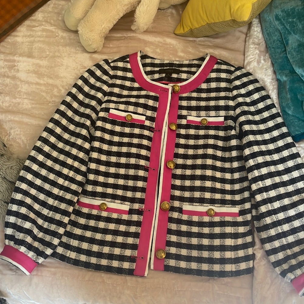 J Crew Lady Coat in pink navy and white check